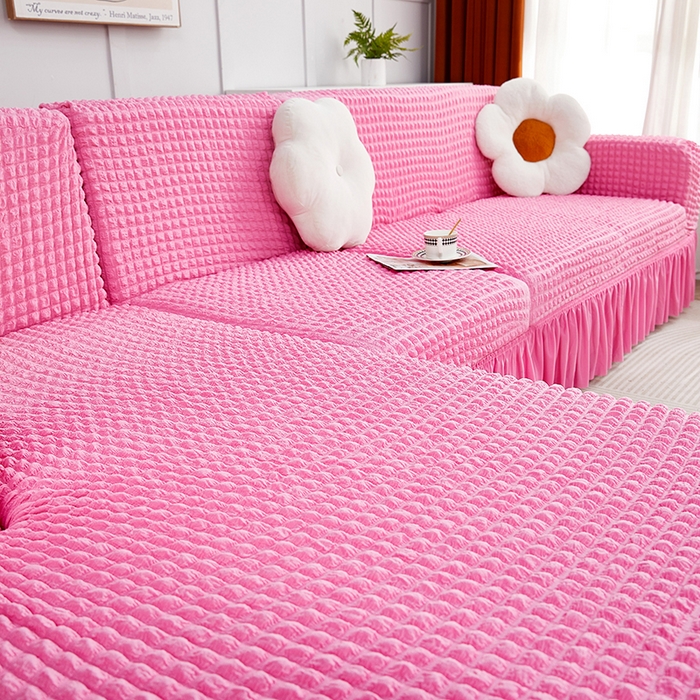 91家纺网 家纺一手货源 找家纺 丝绮鹿 2023新款爆米花裙边贵妃沙发套 玫红