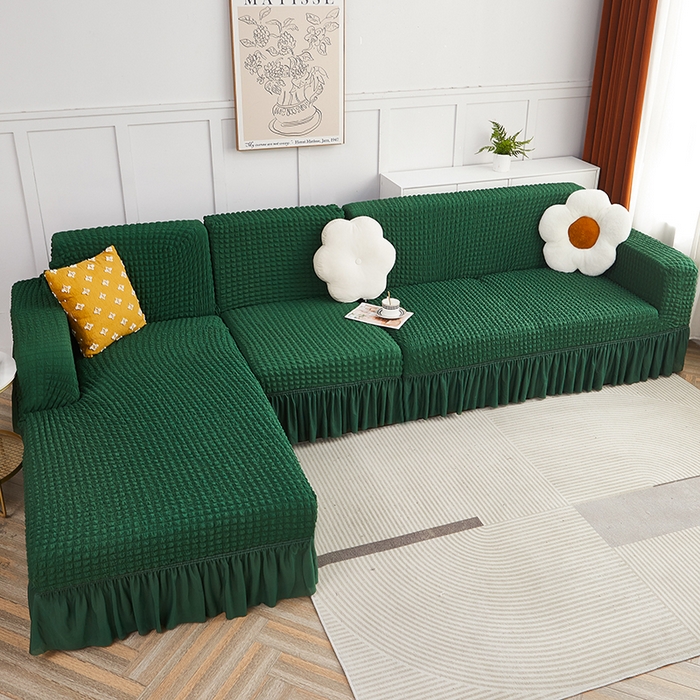 91家纺网 家纺一手货源 找家纺 丝绮鹿 2023新款爆米花裙边贵妃沙发套 墨绿