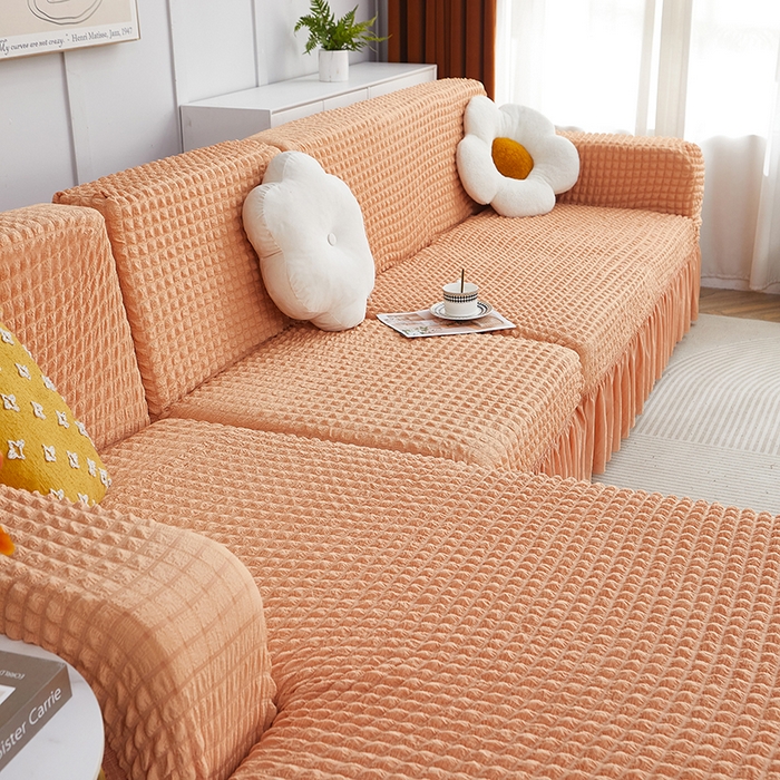 91家纺网 家纺一手货源 找家纺 丝绮鹿 2023新款爆米花裙边贵妃沙发套 蜜橙