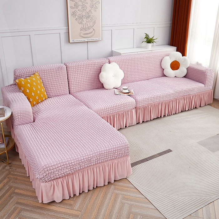 91家纺网 家纺一手货源 找家纺 丝绮鹿 2023新款爆米花裙边贵妃沙发套 粉色