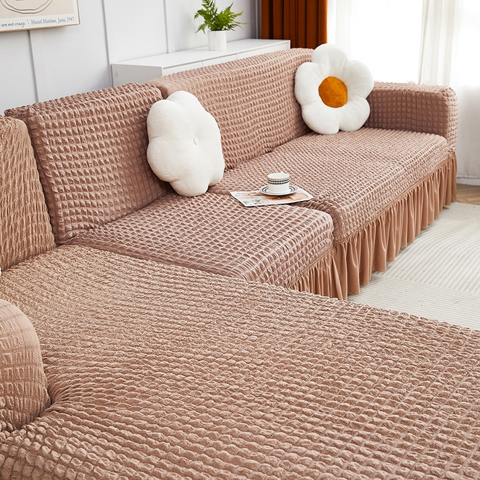 91家纺网 家纺一手货源 找家纺 丝绮鹿 2023新款爆米花裙边贵妃沙发套 驼色