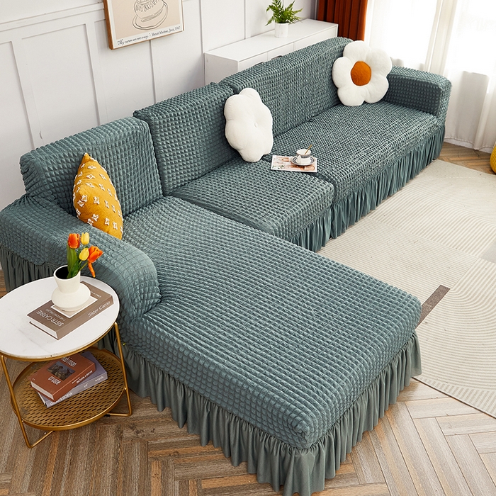 91家纺网 家纺一手货源 找家纺 丝绮鹿 2023新款爆米花裙边贵妃沙发套 绿色