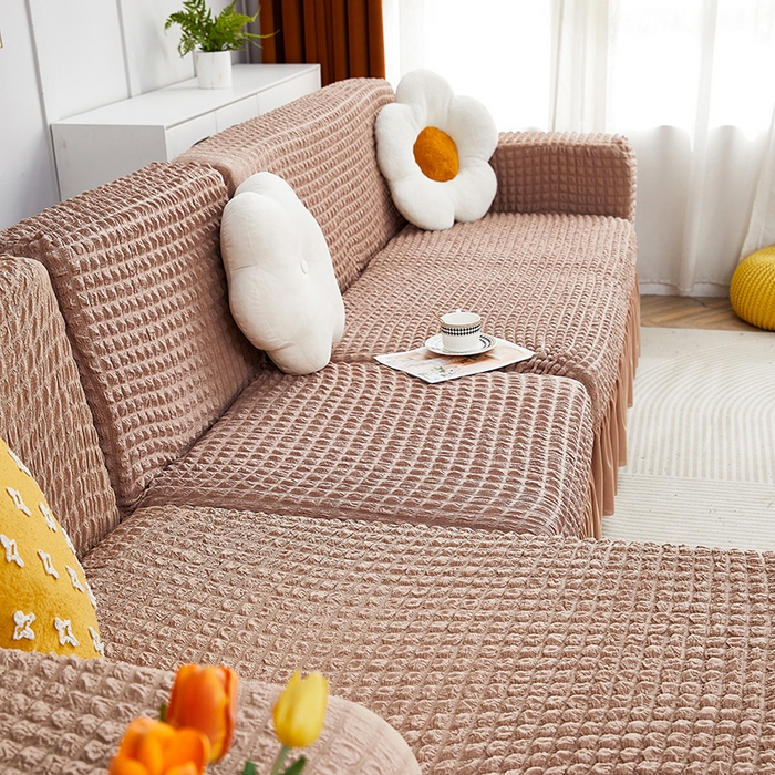 91家纺网 家纺一手货源 找家纺 丝绮鹿 2023新款爆米花裙边贵妃沙发套 驼色