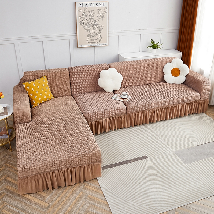 91家纺网 家纺一手货源 找家纺 丝绮鹿 2023新款爆米花裙边贵妃沙发套 驼色