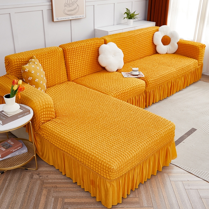 91家纺网 家纺一手货源 找家纺 丝绮鹿 2023新款爆米花裙边贵妃沙发套 姜黄