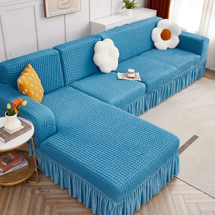 91家纺网 家纺一手货源 找家纺 丝绮鹿 2023新款爆米花裙边贵妃沙发套 湖蓝