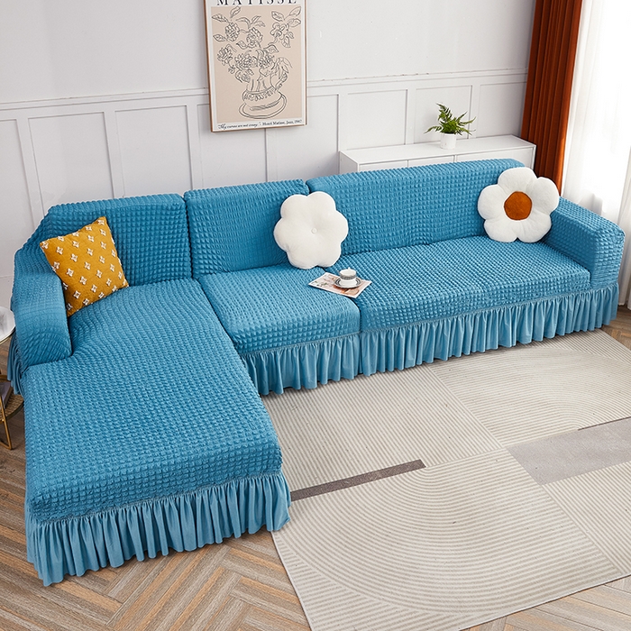 91家纺网 家纺一手货源 找家纺 丝绮鹿 2023新款爆米花裙边贵妃沙发套 湖蓝