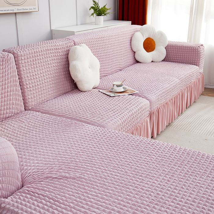 91家纺网 家纺一手货源 找家纺 丝绮鹿 2023新款爆米花裙边贵妃沙发套 粉色
