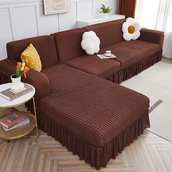 91家纺网 家纺一手货源 找家纺 丝绮鹿 2023新款爆米花裙边贵妃沙发套 咖啡