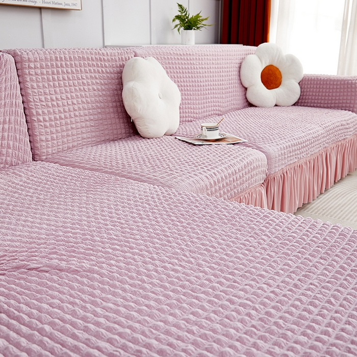 91家纺网 家纺一手货源 找家纺 丝绮鹿 2023新款爆米花裙边贵妃沙发套 粉色