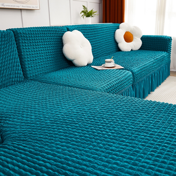 91家纺网 家纺一手货源 找家纺 丝绮鹿 2023新款爆米花裙边贵妃沙发套 黛蓝