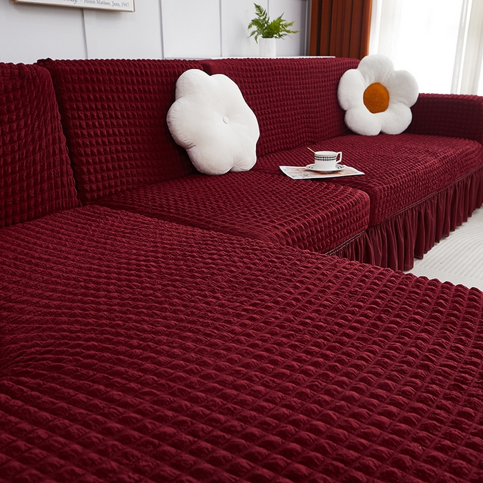 91家纺网 家纺一手货源 找家纺 丝绮鹿 2023新款爆米花裙边贵妃沙发套 酒红