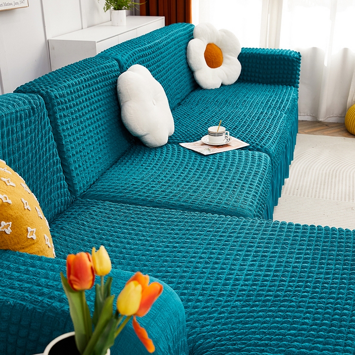 91家纺网 家纺一手货源 找家纺 丝绮鹿 2023新款爆米花裙边贵妃沙发套 黛蓝