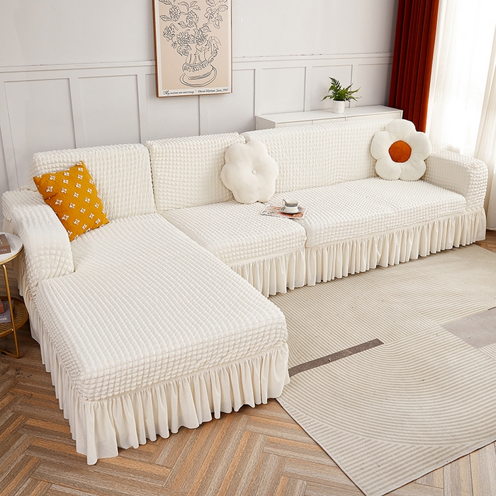 91家纺网 家纺一手货源 找家纺 丝绮鹿 2023新款爆米花裙边贵妃沙发套 乳白