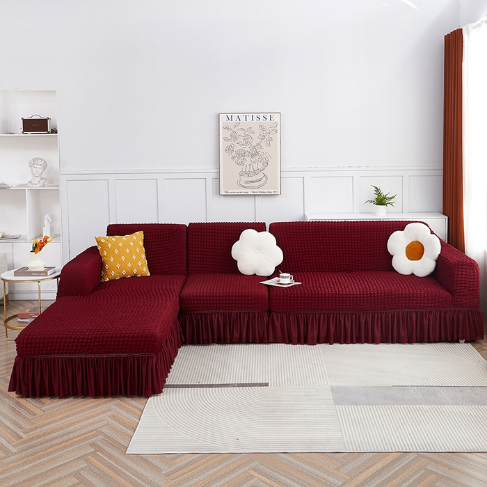 91家纺网 家纺一手货源 找家纺 丝绮鹿 2023新款爆米花裙边贵妃沙发套 酒红