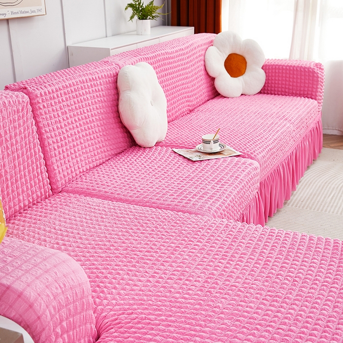 91家纺网 家纺一手货源 找家纺 丝绮鹿 2023新款爆米花裙边贵妃沙发套 玫红