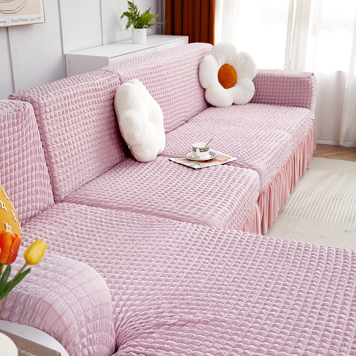 91家纺网 家纺一手货源 找家纺 丝绮鹿 2023新款爆米花裙边贵妃沙发套 粉色
