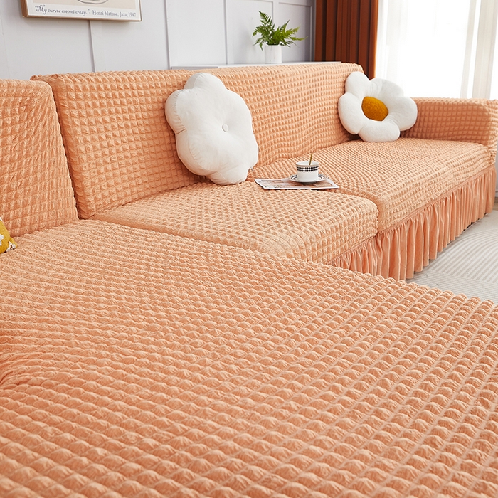 91家纺网 家纺一手货源 找家纺 丝绮鹿 2023新款爆米花裙边贵妃沙发套 蜜橙