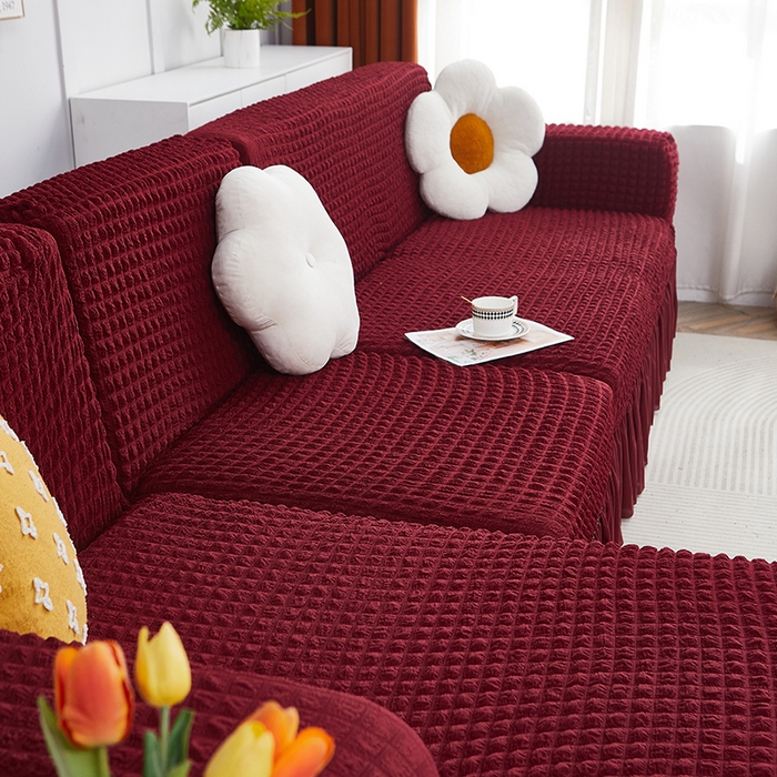 91家纺网 家纺一手货源 找家纺 丝绮鹿 2023新款爆米花裙边贵妃沙发套 酒红