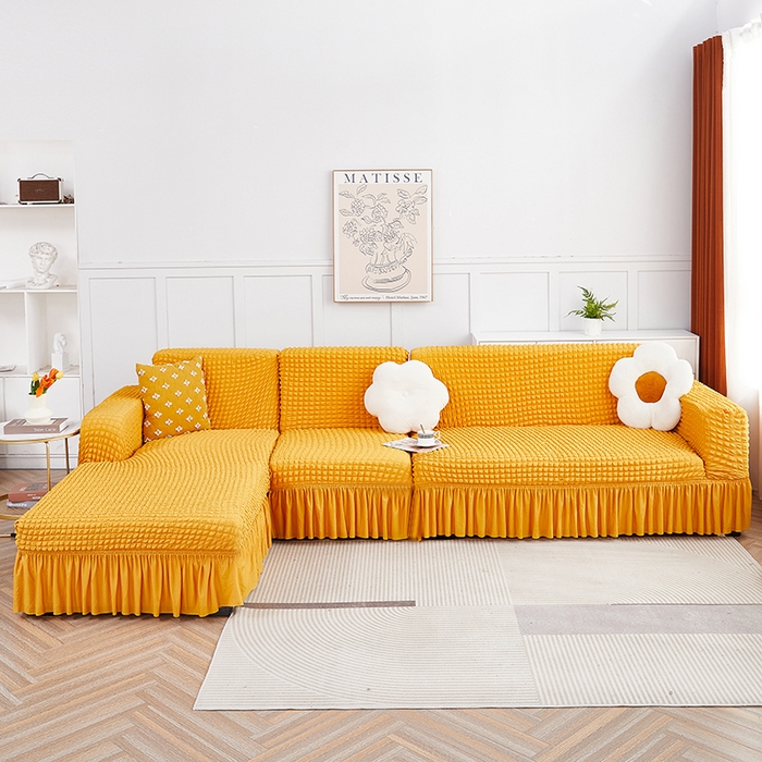 91家纺网 家纺一手货源 找家纺 丝绮鹿 2023新款爆米花裙边贵妃沙发套 姜黄