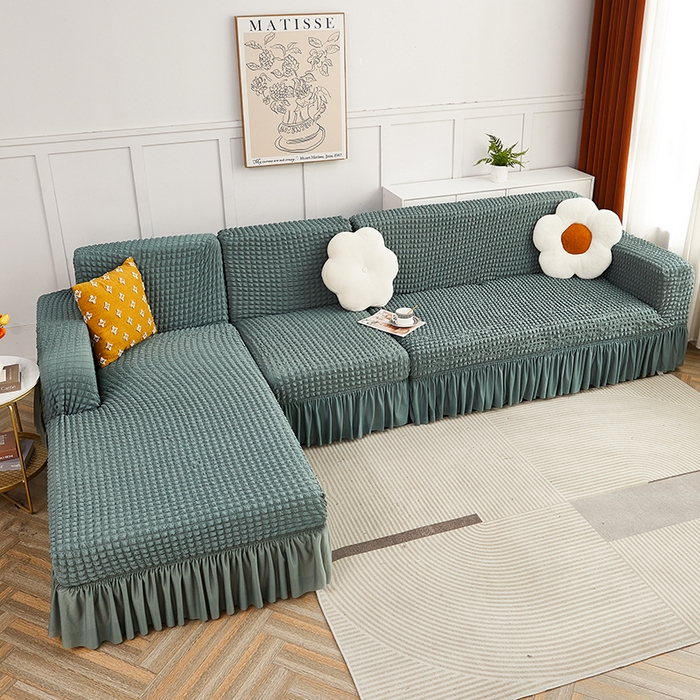 91家纺网 家纺一手货源 找家纺 丝绮鹿 2023新款爆米花裙边贵妃沙发套 绿色