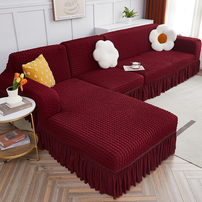 91家纺网 家纺一手货源 找家纺 丝绮鹿 2023新款爆米花裙边贵妃沙发套 酒红