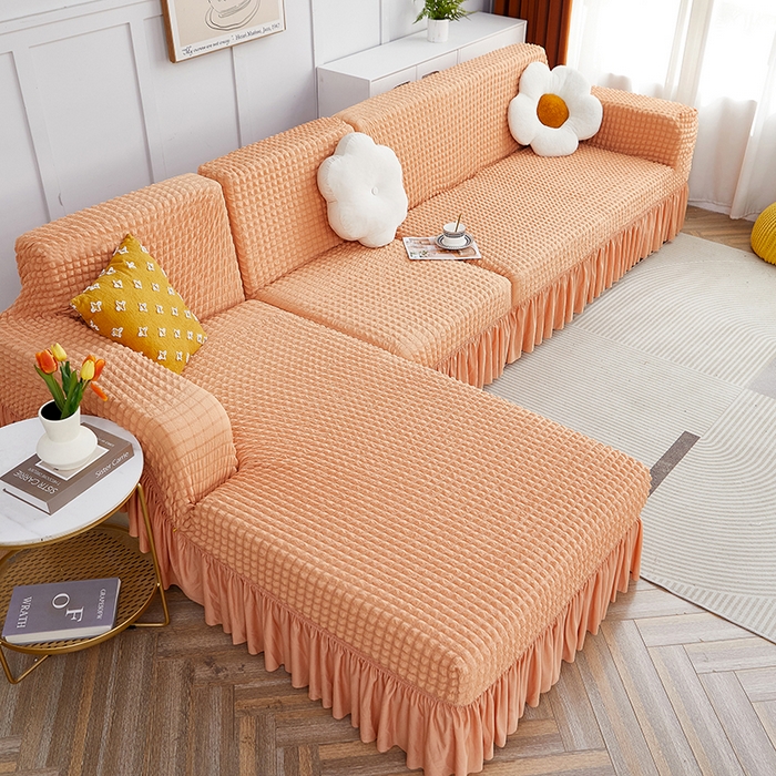 91家纺网 家纺一手货源 找家纺 丝绮鹿 2023新款爆米花裙边贵妃沙发套 蜜橙