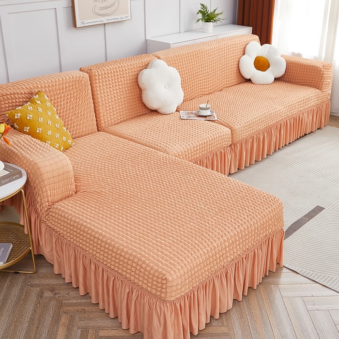 91家纺网 家纺一手货源 找家纺 丝绮鹿 2023新款爆米花裙边贵妃沙发套 蜜橙