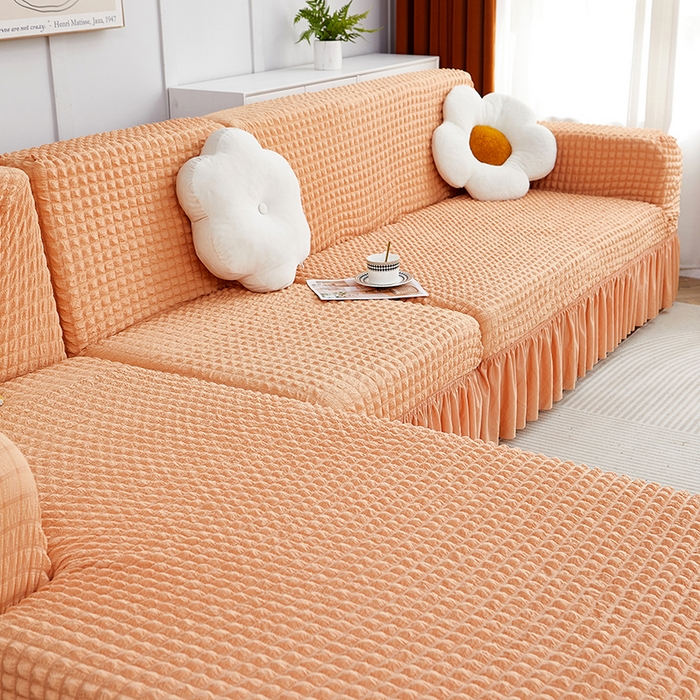 91家纺网 家纺一手货源 找家纺 丝绮鹿 2023新款爆米花裙边贵妃沙发套 蜜橙