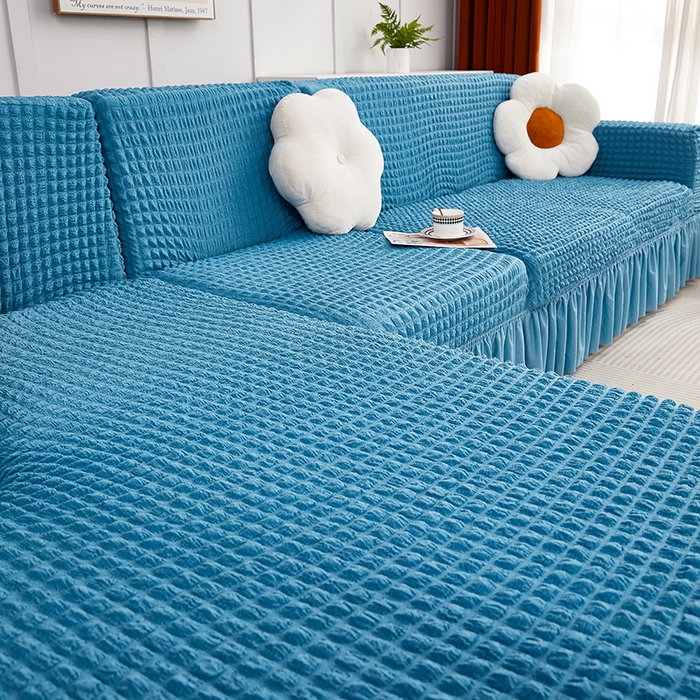 91家纺网 家纺一手货源 找家纺 丝绮鹿 2023新款爆米花裙边贵妃沙发套 湖蓝