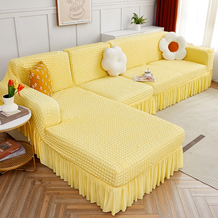 91家纺网 家纺一手货源 找家纺 丝绮鹿 2023新款爆米花裙边贵妃沙发套 柠檬黄