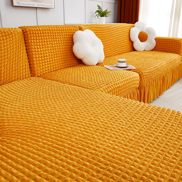 91家纺网 家纺一手货源 找家纺 丝绮鹿 2023新款爆米花裙边贵妃沙发套 姜黄