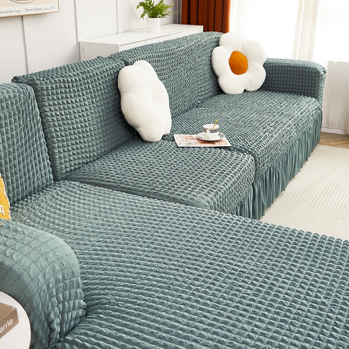 91家纺网 家纺一手货源 找家纺 丝绮鹿 2023新款爆米花裙边贵妃沙发套 绿色