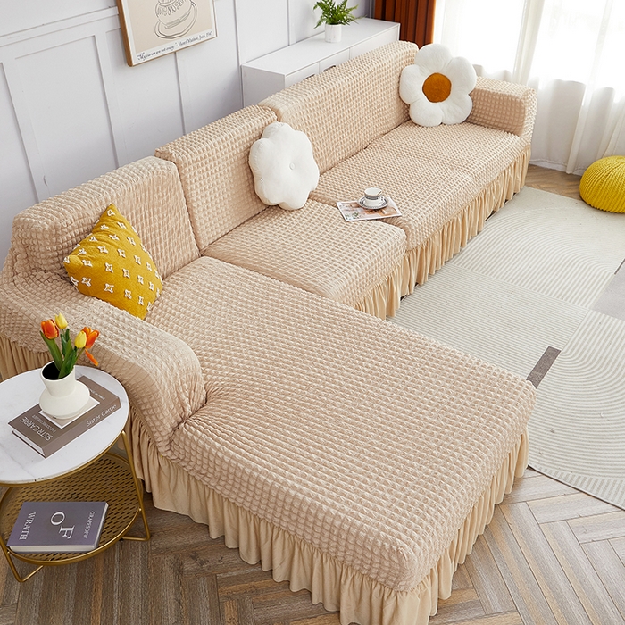 91家纺网 家纺一手货源 找家纺 丝绮鹿 2023新款爆米花裙边贵妃沙发套 米黄