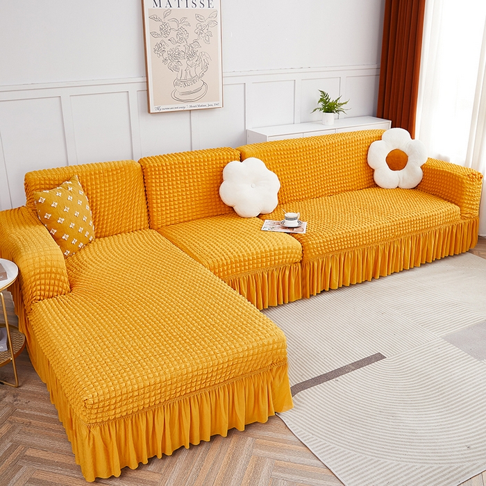 91家纺网 家纺一手货源 找家纺 丝绮鹿 2023新款爆米花裙边贵妃沙发套 姜黄