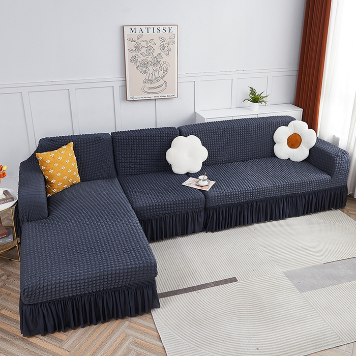 91家纺网 家纺一手货源 找家纺 丝绮鹿 2023新款爆米花裙边贵妃沙发套 碳灰