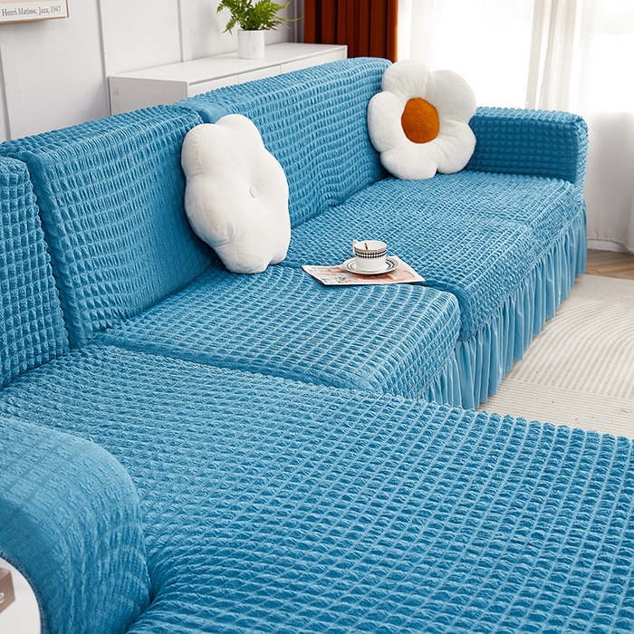 91家纺网 家纺一手货源 找家纺 丝绮鹿 2023新款爆米花裙边贵妃沙发套 湖蓝
