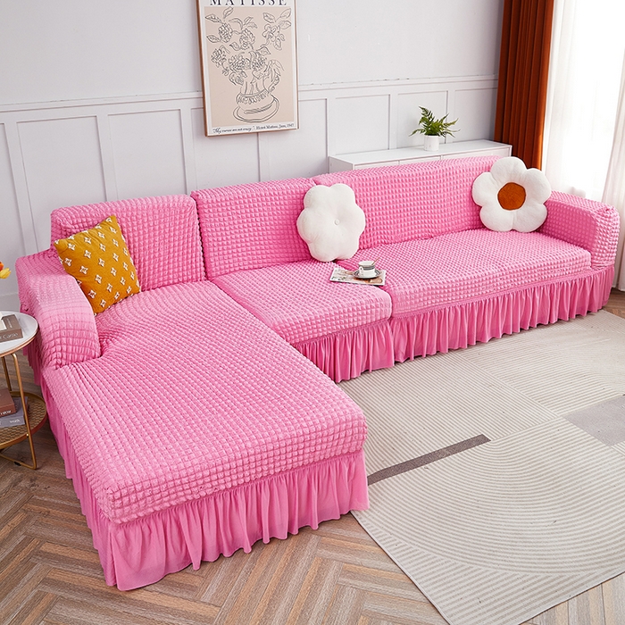 91家纺网 家纺一手货源 找家纺 丝绮鹿 2023新款爆米花裙边贵妃沙发套 玫红