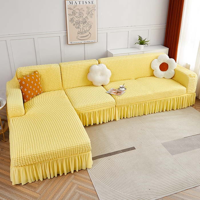 91家纺网 家纺一手货源 找家纺 丝绮鹿 2023新款爆米花裙边贵妃沙发套 柠檬黄