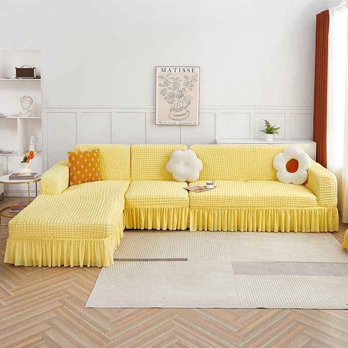 91家纺网 家纺一手货源 找家纺 丝绮鹿 2023新款爆米花裙边贵妃沙发套 柠檬黄