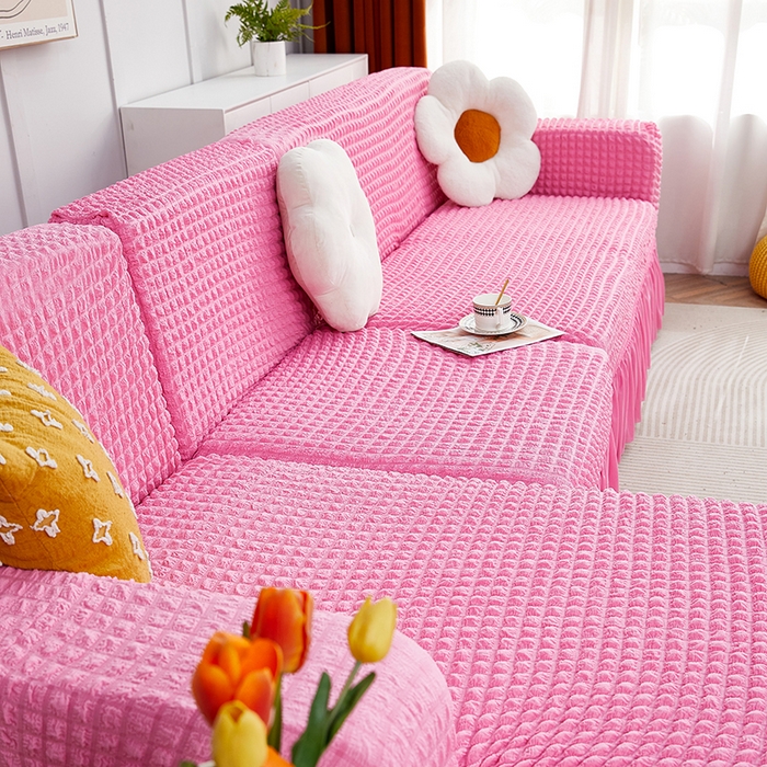 91家纺网 家纺一手货源 找家纺 丝绮鹿 2023新款爆米花裙边贵妃沙发套 玫红