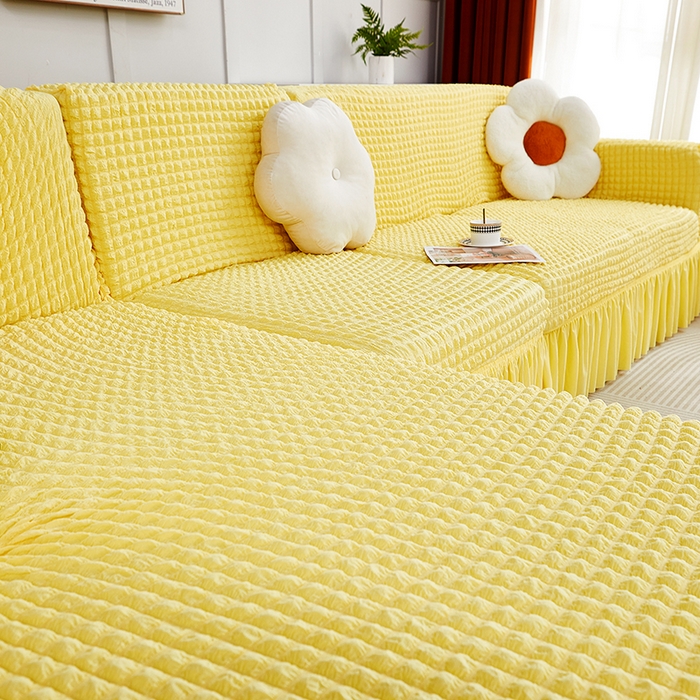 91家纺网 家纺一手货源 找家纺 丝绮鹿 2023新款爆米花裙边贵妃沙发套 柠檬黄