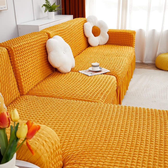 91家纺网 家纺一手货源 找家纺 丝绮鹿 2023新款爆米花裙边贵妃沙发套 姜黄