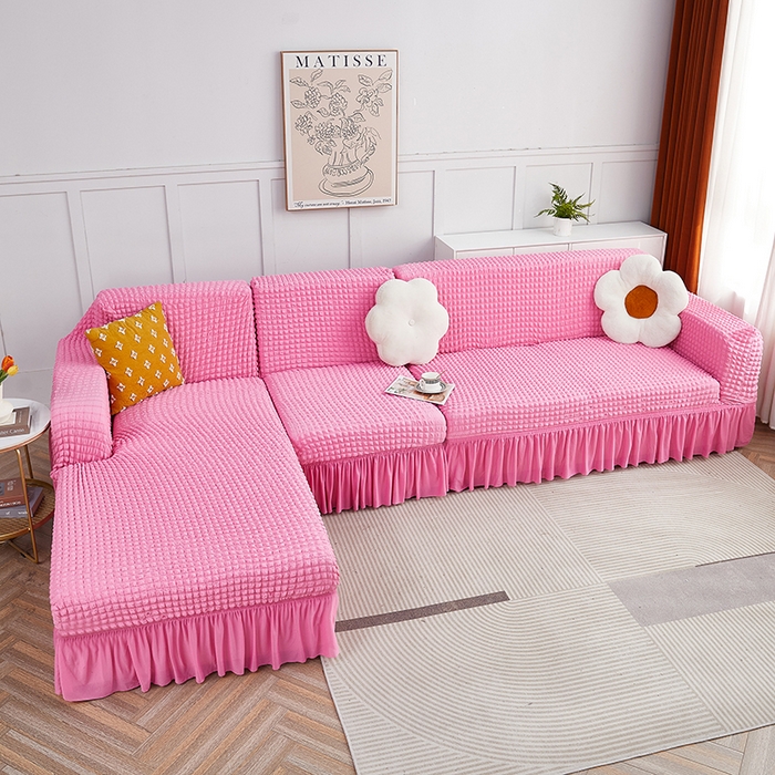 91家纺网 家纺一手货源 找家纺 丝绮鹿 2023新款爆米花裙边贵妃沙发套 玫红