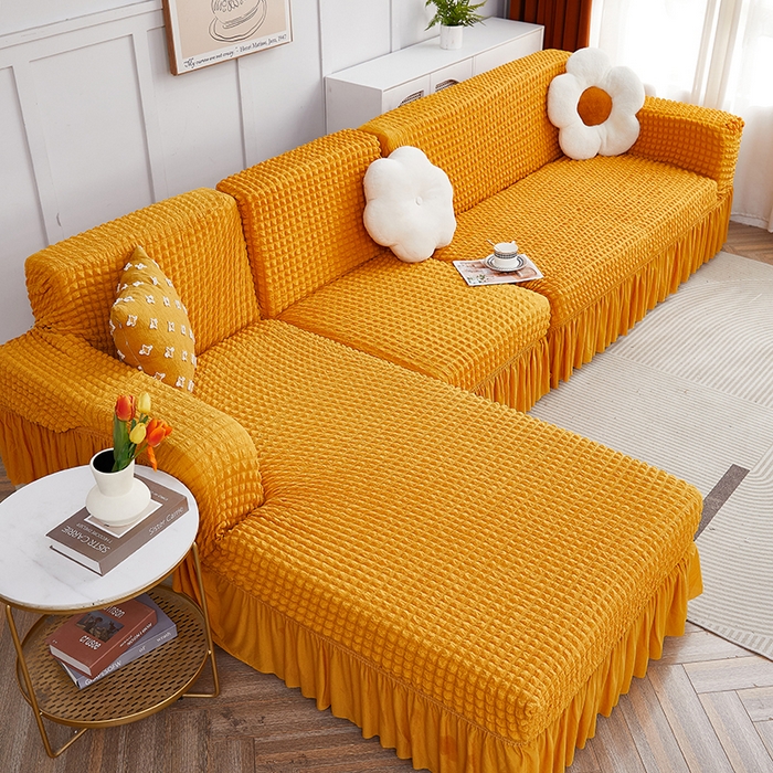 91家纺网 家纺一手货源 找家纺 丝绮鹿 2023新款爆米花裙边贵妃沙发套 姜黄