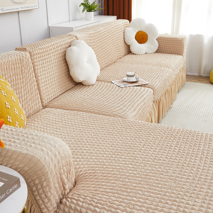 91家纺网 家纺一手货源 找家纺 丝绮鹿 2023新款爆米花裙边贵妃沙发套 米黄