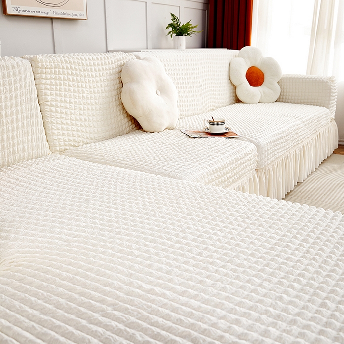 91家纺网 家纺一手货源 找家纺 丝绮鹿 2023新款爆米花裙边贵妃沙发套 乳白