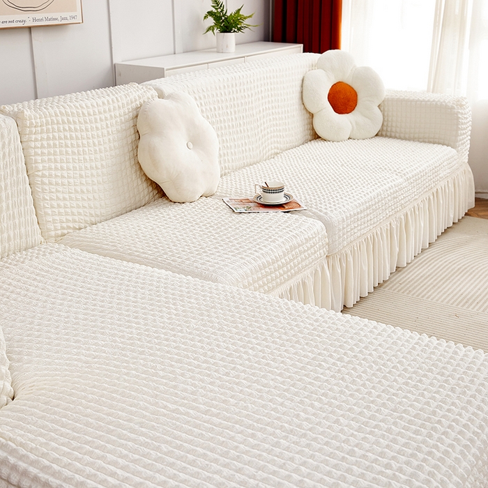 91家纺网 家纺一手货源 找家纺 丝绮鹿 2023新款爆米花裙边贵妃沙发套 乳白