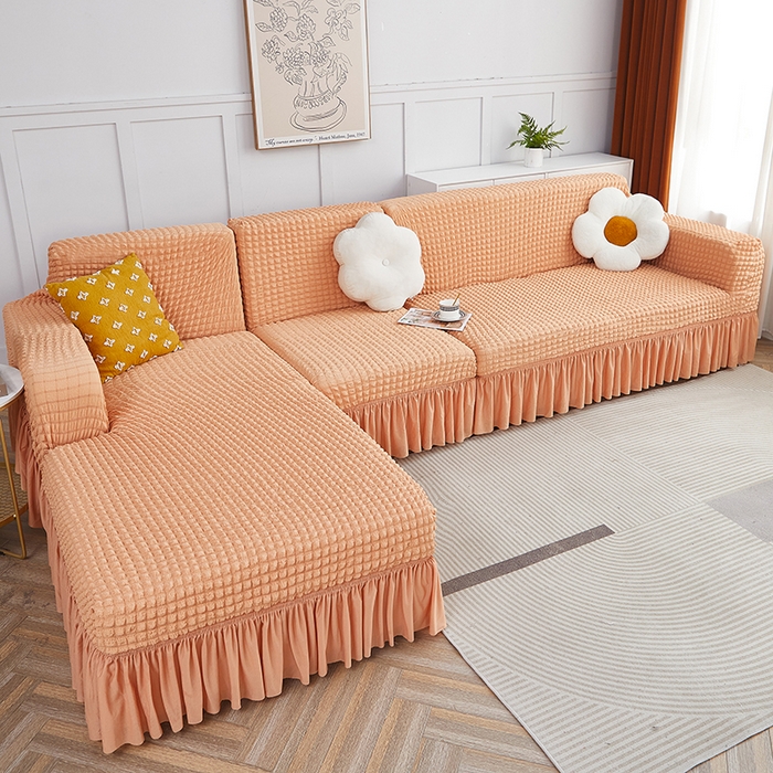 91家纺网 家纺一手货源 找家纺 丝绮鹿 2023新款爆米花裙边贵妃沙发套 蜜橙