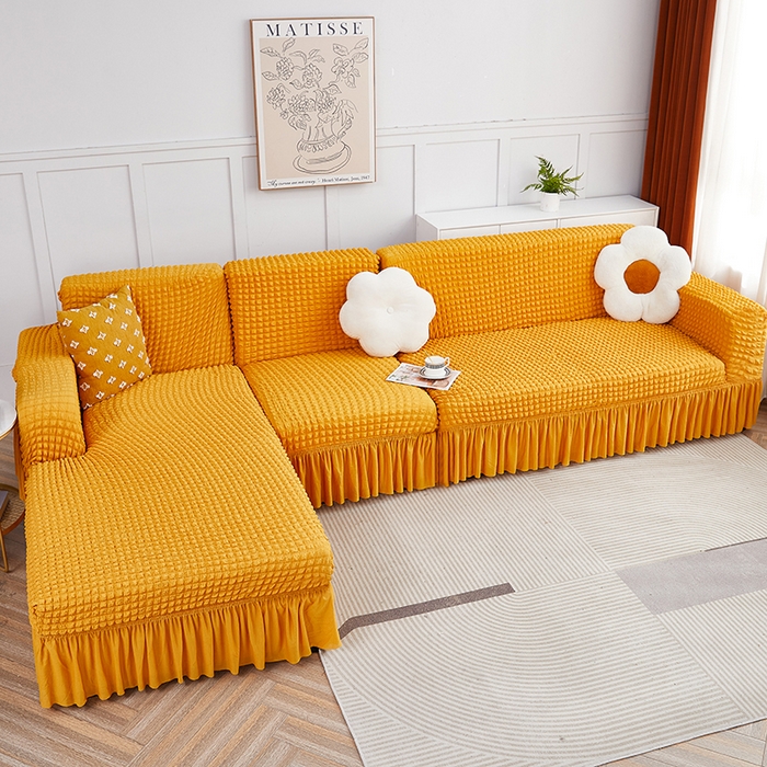91家纺网 家纺一手货源 找家纺 丝绮鹿 2023新款爆米花裙边贵妃沙发套 姜黄